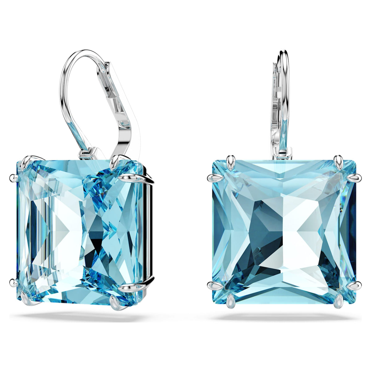Swarovski Millenia drop earrings with blue square-cut accents and rhodium plating