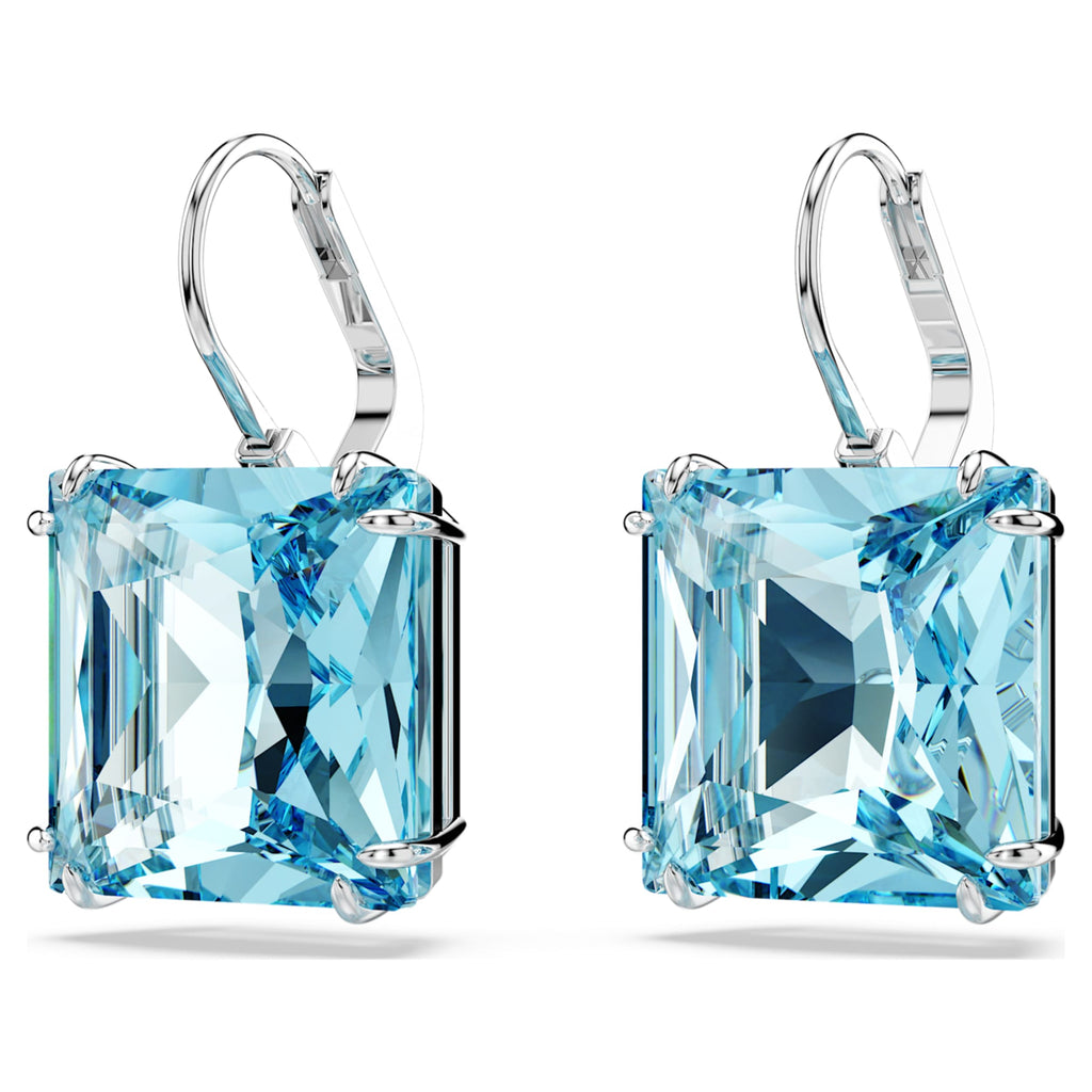 Swarovski Millenia drop earrings with blue square-cut accents and rhodium plating