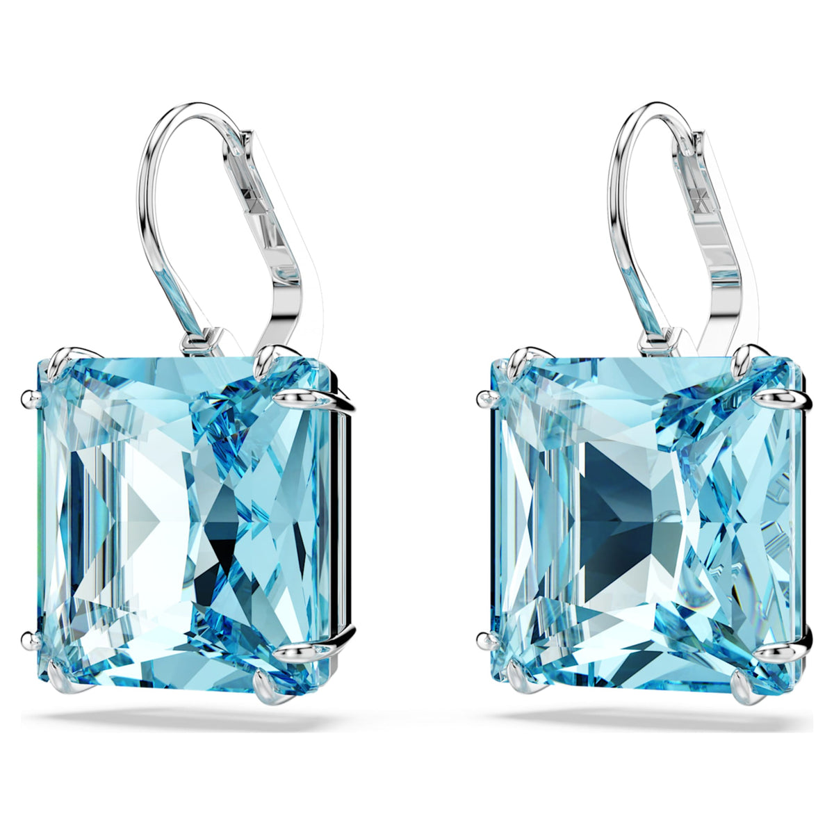 Swarovski Millenia drop earrings with blue square-cut accents and rhodium plating