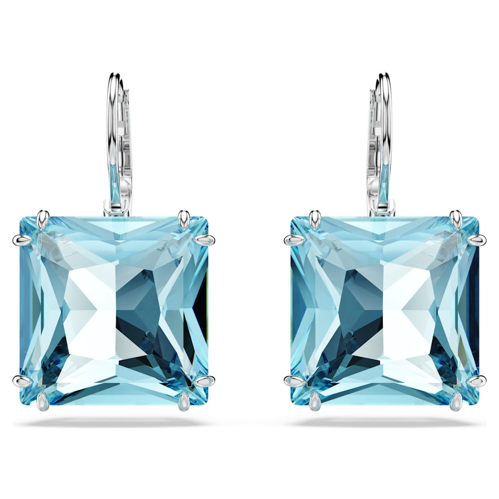 Swarovski Millenia drop earrings with blue square-cut accents and rhodium plating