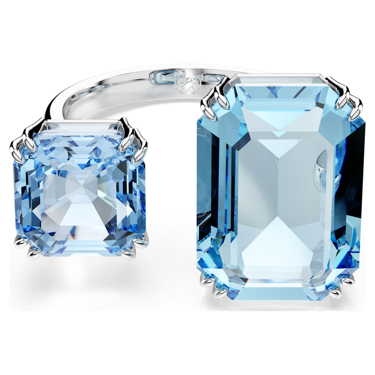 Swarovski Millenia open ring with blue octagon-cut accents and rhodium plating