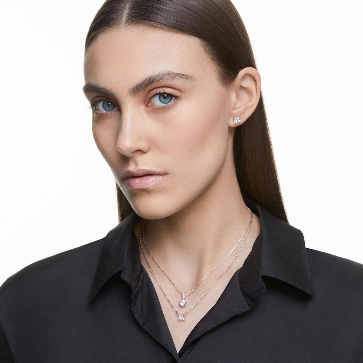 Swarovski Stilla Attract stud earrings with white square-cut accents and rhodium plating