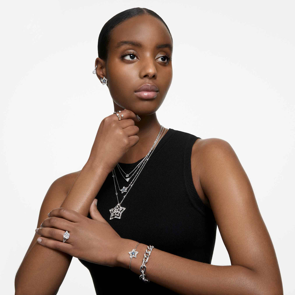 Swarovski Stilla cocktail ring with white square-cut accents and rhodium plating