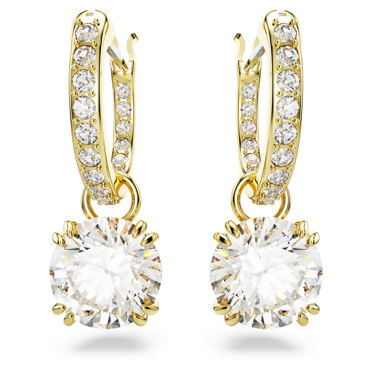 Swarovski Stilla drop earrings with white round-cut accents and an 18K gold finish