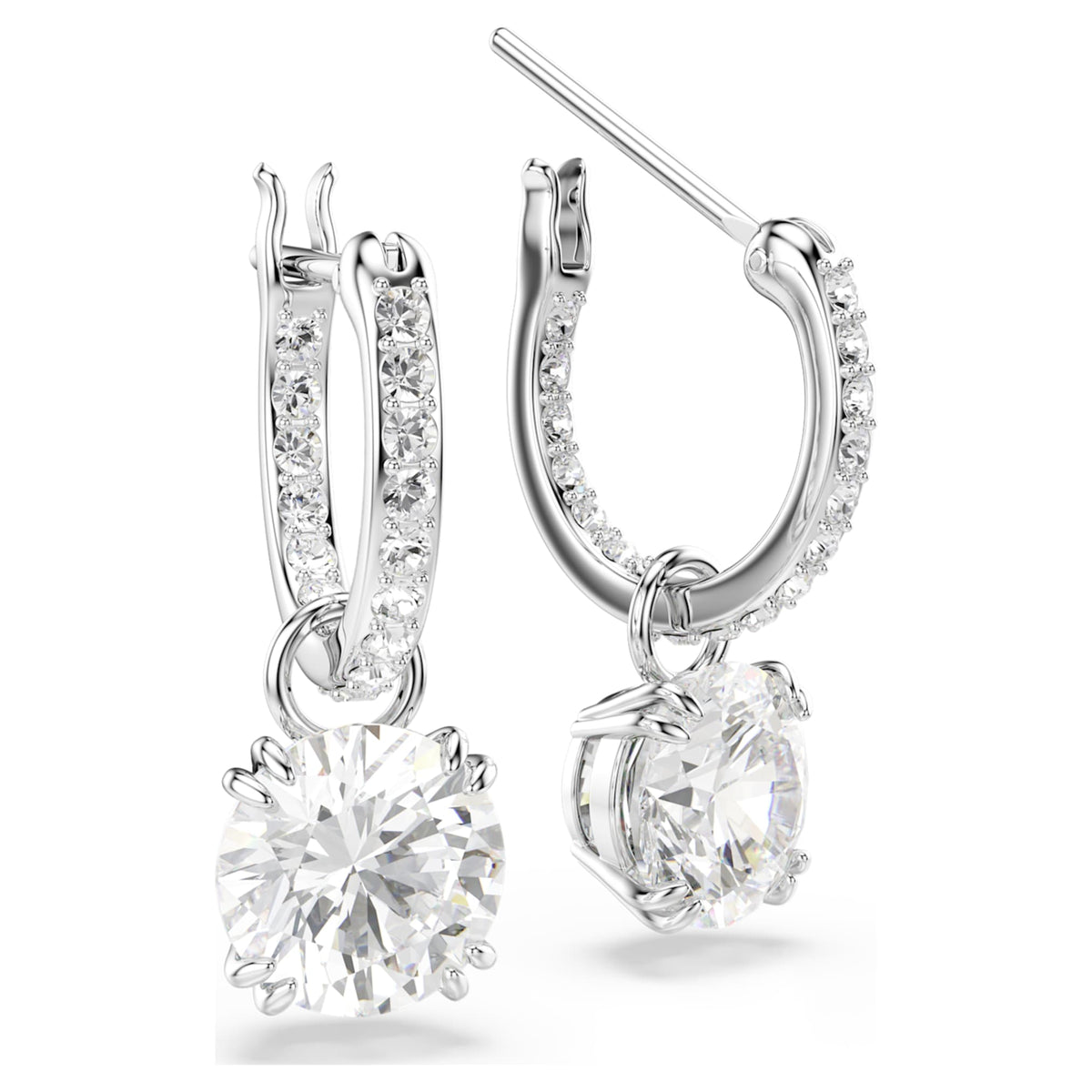 Swarovski Stilla drop earrings with white round-cut accents and rhodium plating