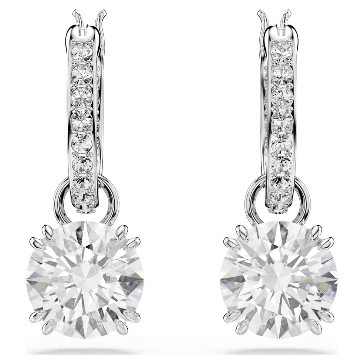 Swarovski Stilla drop earrings with white round-cut accents and rhodium plating