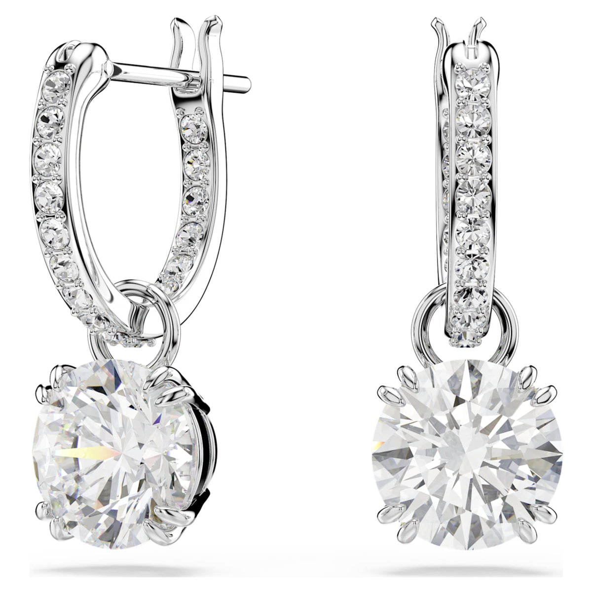 Swarovski Stilla drop earrings with white round-cut accents and rhodium plating