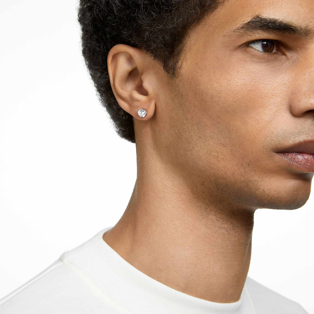 Swarovski Stilla stud earrings with white round-cut accents and rhodium plating