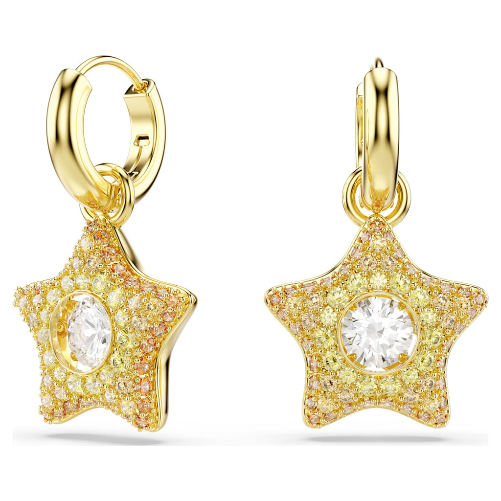 Swarovski Sublima drop earrings featuring a star motif with multicolored round-cut accents and an 18K gold finish