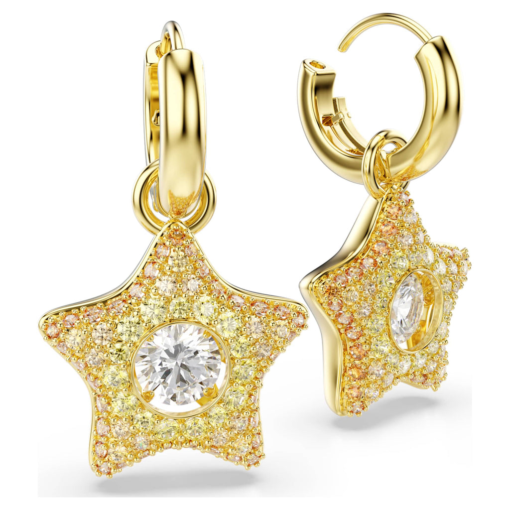 Swarovski Sublima drop earrings featuring a star motif with multicolored round-cut accents and an 18K gold finish