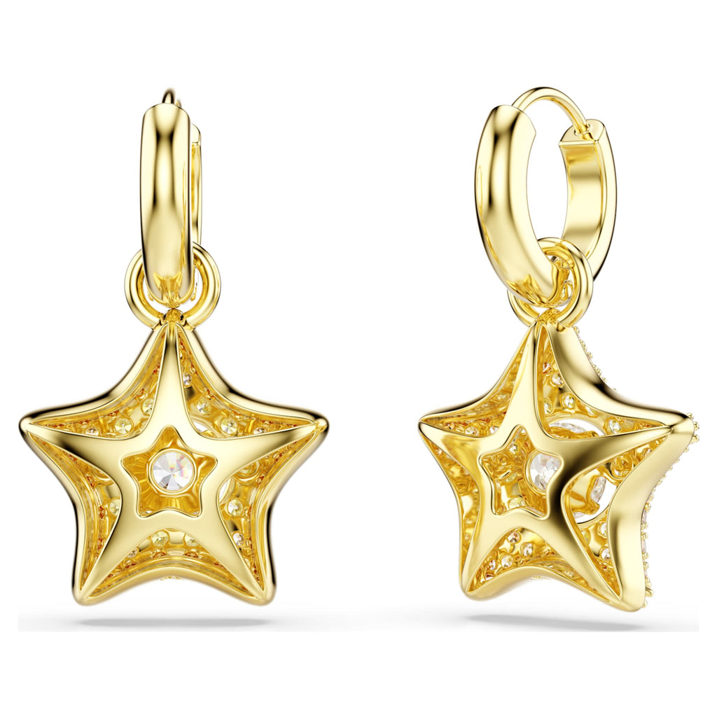 Swarovski Sublima drop earrings featuring a star motif with multicolored round-cut accents and an 18K gold finish