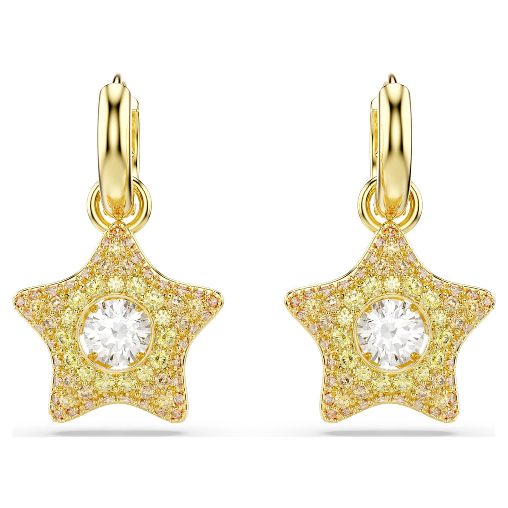 Swarovski Sublima drop earrings featuring a star motif with multicolored round-cut accents and an 18K gold finish