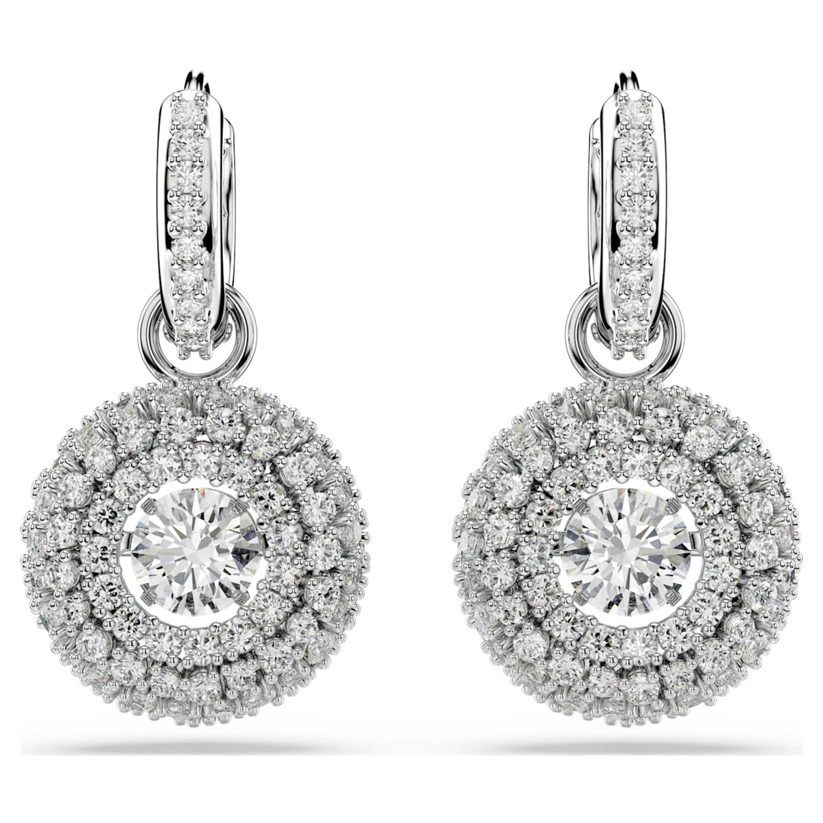 Swarovski Sublima drop earrings with white round-cut accents and rhodium plating