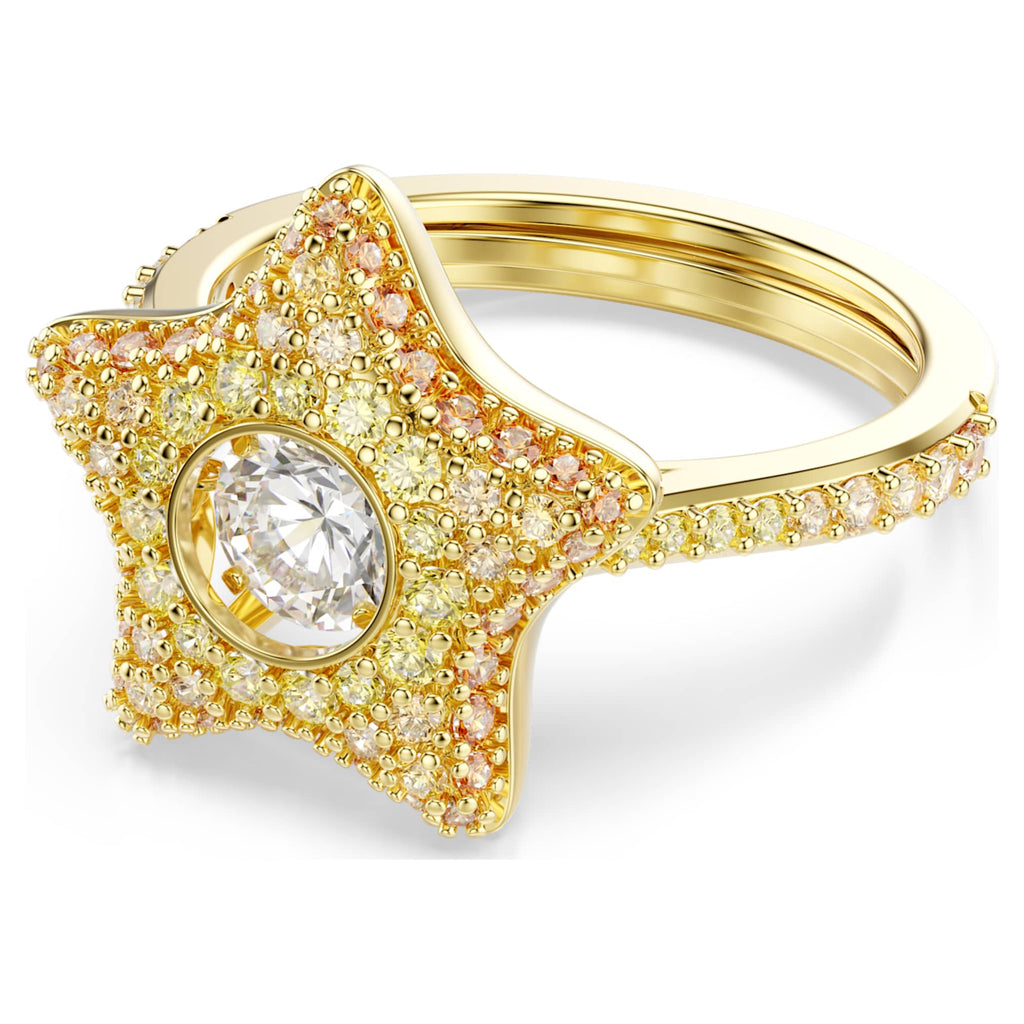 Swarovski Sublima ring featuring a star motif with multicolored round-cut accents and an 18K gold finish
