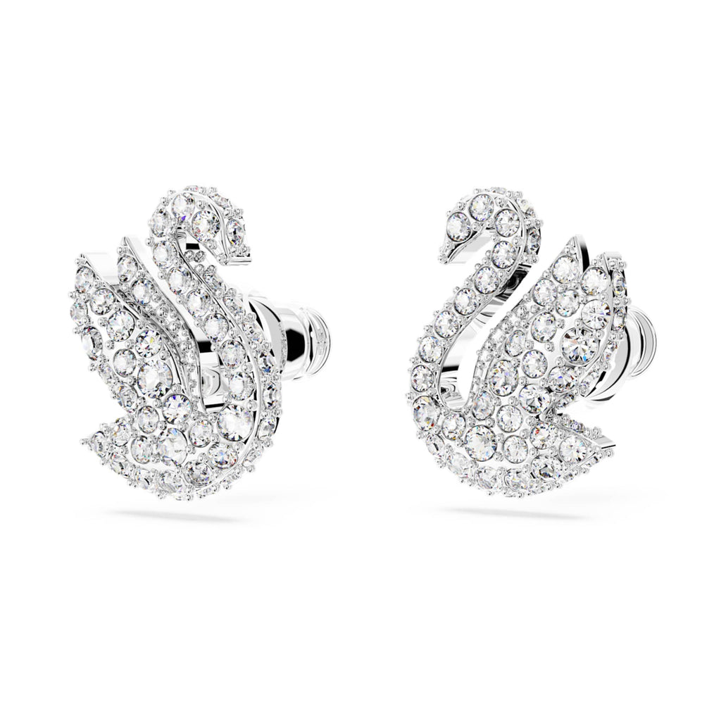Swarovski Swan stud earrings with white accents and rhodium plating