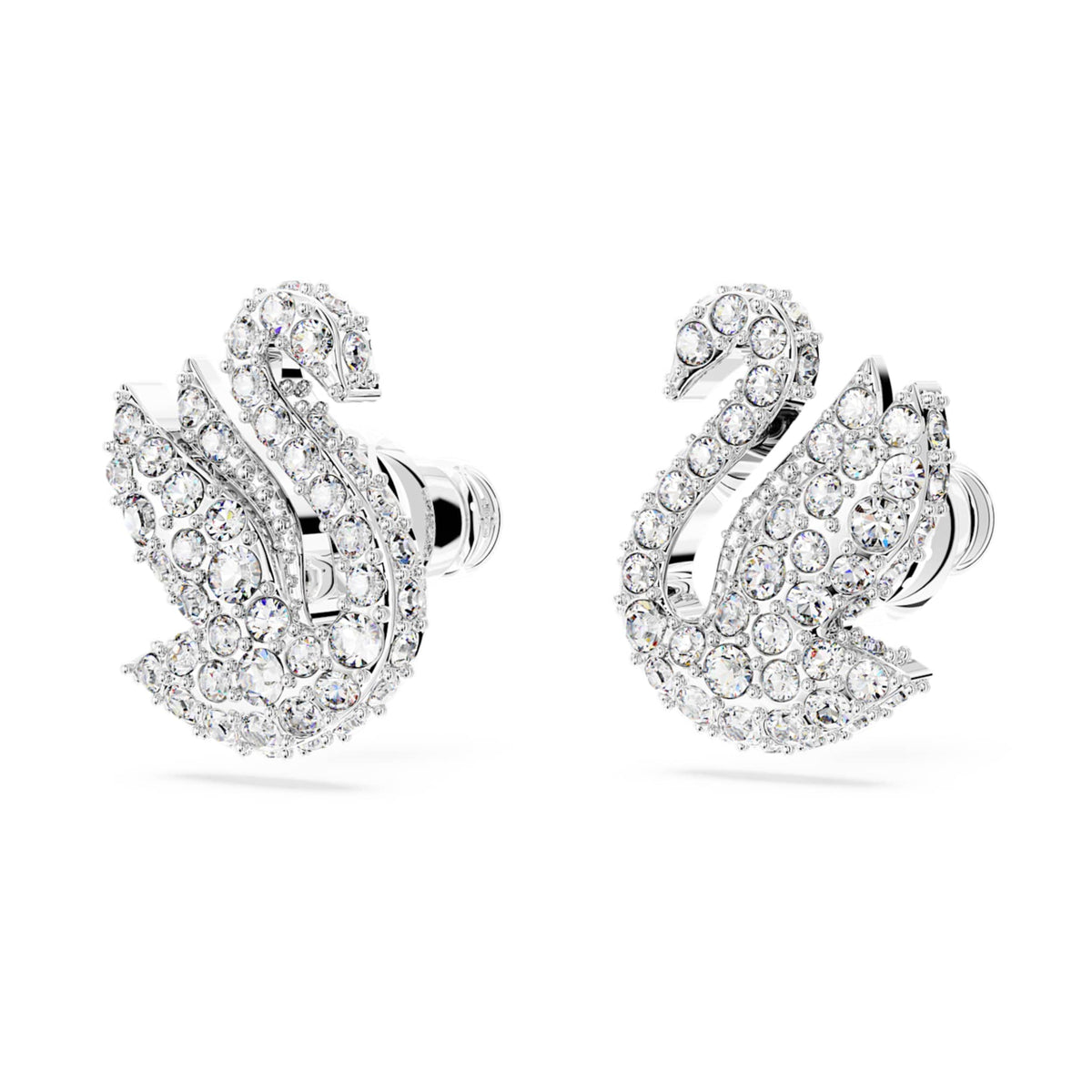 Swarovski Swan stud earrings with white accents and rhodium plating