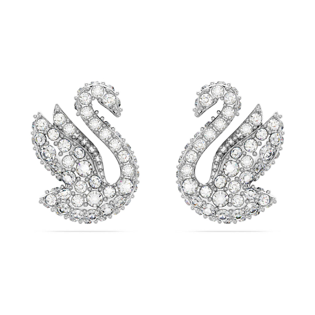 Swarovski Swan stud earrings with white accents and rhodium plating