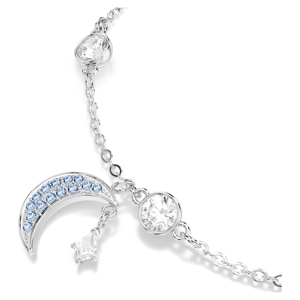 Swarovski Symbolica bracelet featuring a moon motif with blue round-cut accents and rhodium plating