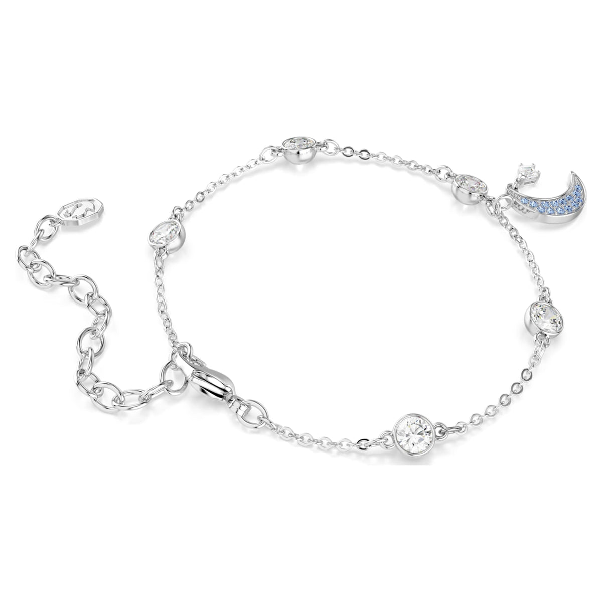 Swarovski Symbolica bracelet featuring a moon motif with blue round-cut accents and rhodium plating