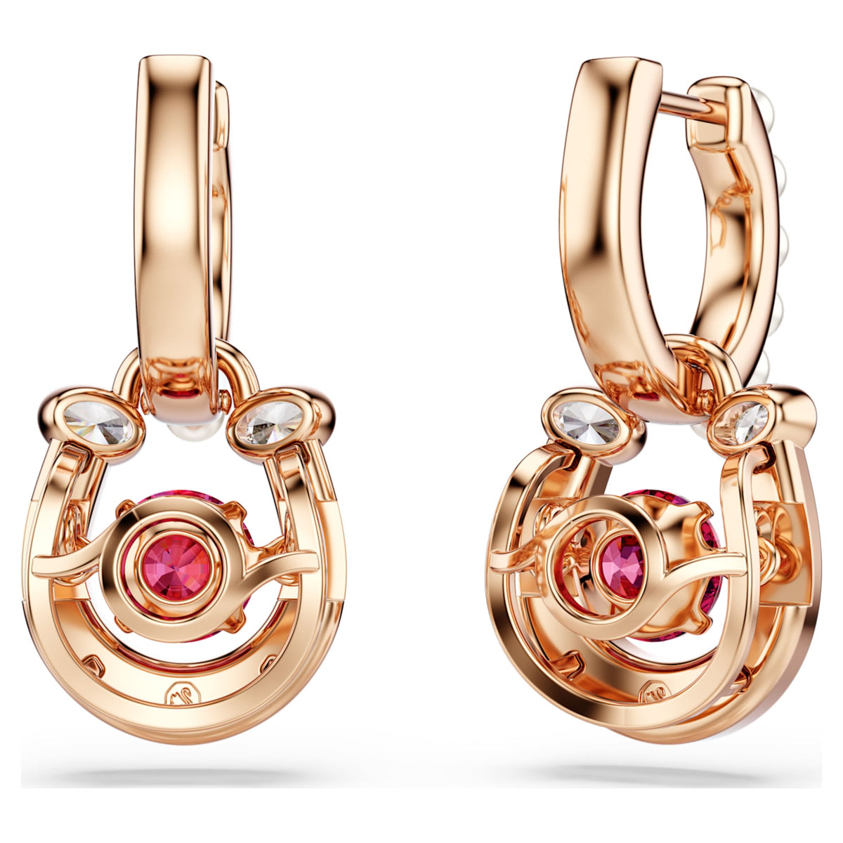 Swarovski Symbolica drop earrings Crystal pearl, Round cut, Pavé, Horse shoe, Red, 18K rose gold finish