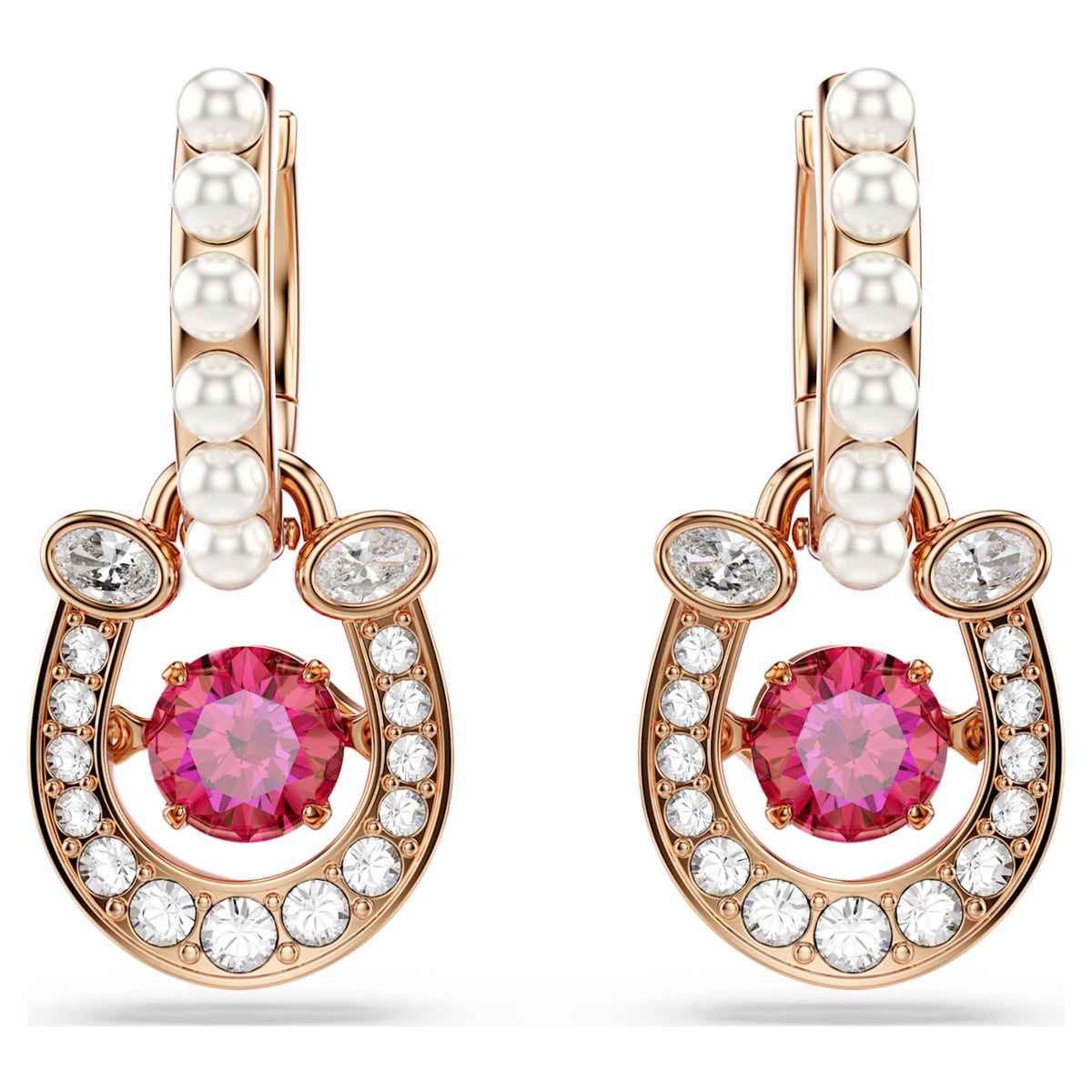 Swarovski Symbolica drop earrings Crystal pearl, Round cut, Pavé, Horse shoe, Red, 18K rose gold finish