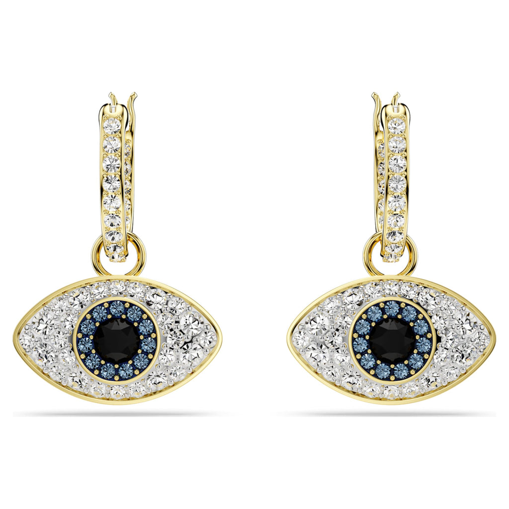 Swarovski Symbolica drop earrings featuring a evil eye motif with blue accents and an 18K gold finish