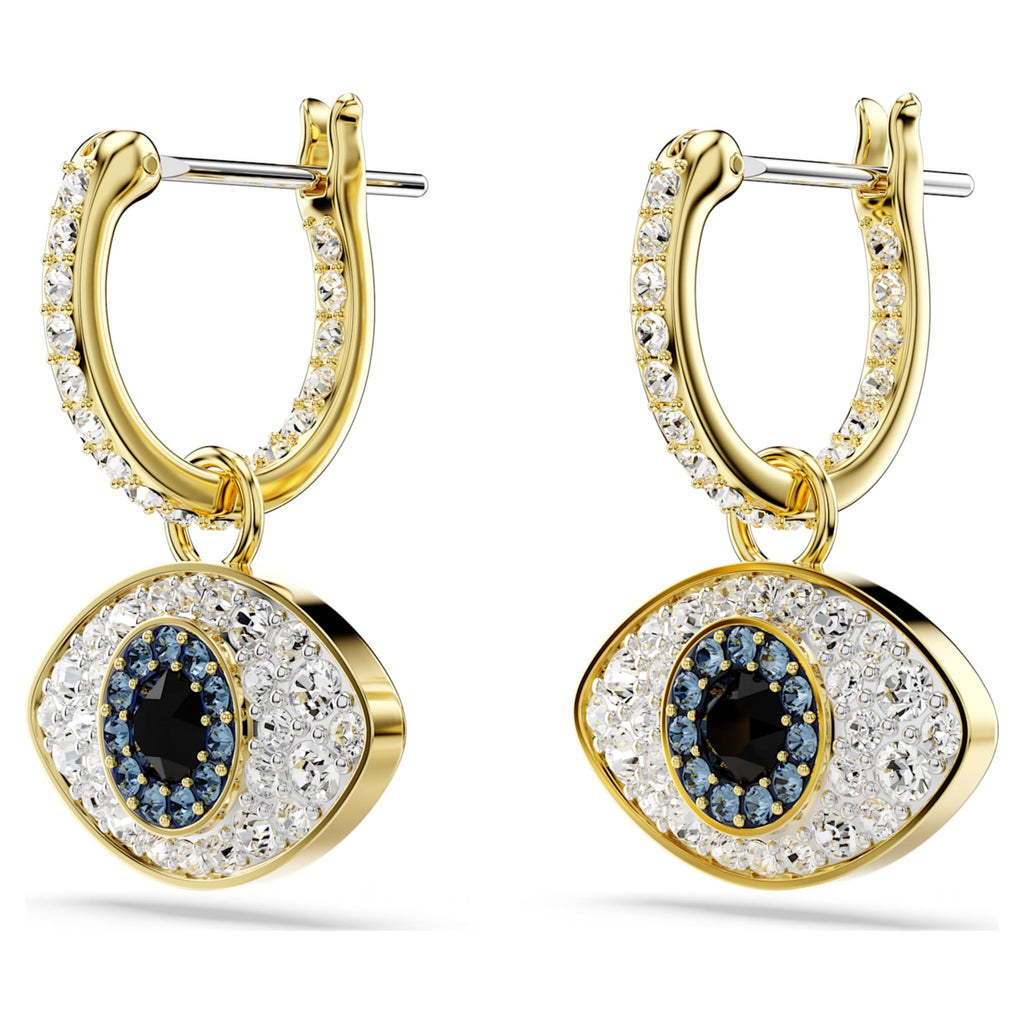 Swarovski Symbolica drop earrings featuring a evil eye motif with blue accents and an 18K gold finish