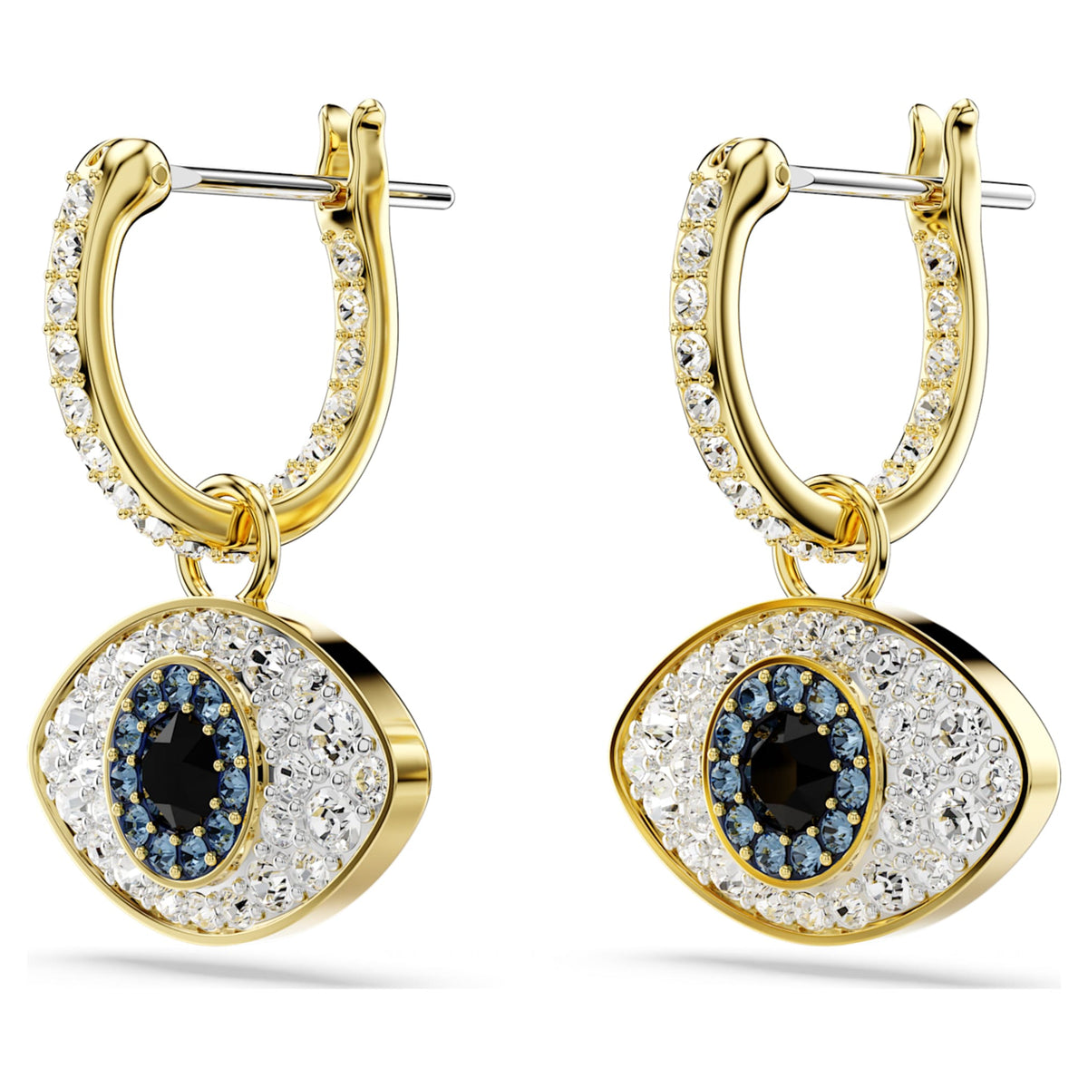 Swarovski Symbolica drop earrings featuring a evil eye motif with blue accents and an 18K gold finish