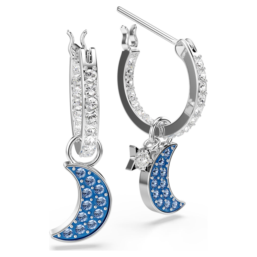 Swarovski Symbolica drop earrings featuring a moon motif with blue round-cut accents and rhodium plating