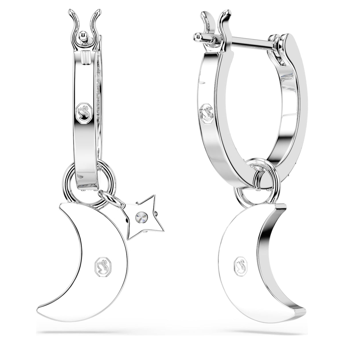Swarovski Symbolica drop earrings featuring a moon motif with blue round-cut accents and rhodium plating