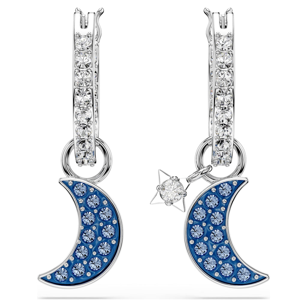 Swarovski Symbolica drop earrings featuring a moon motif with blue round-cut accents and rhodium plating