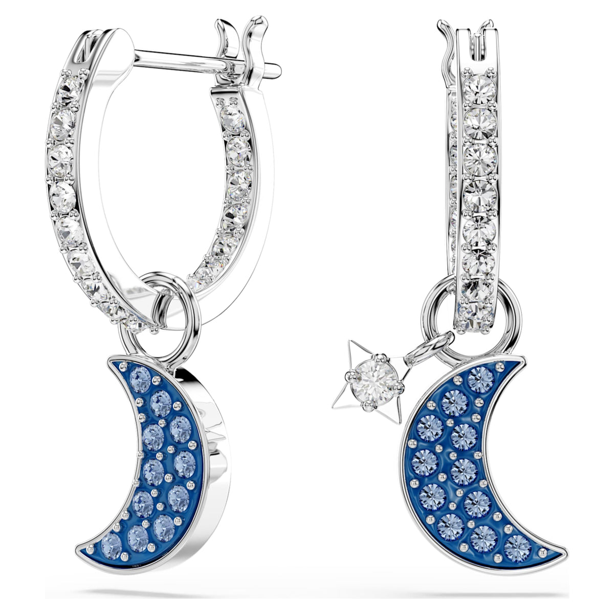 Swarovski Symbolica drop earrings featuring a moon motif with blue round-cut accents and rhodium plating