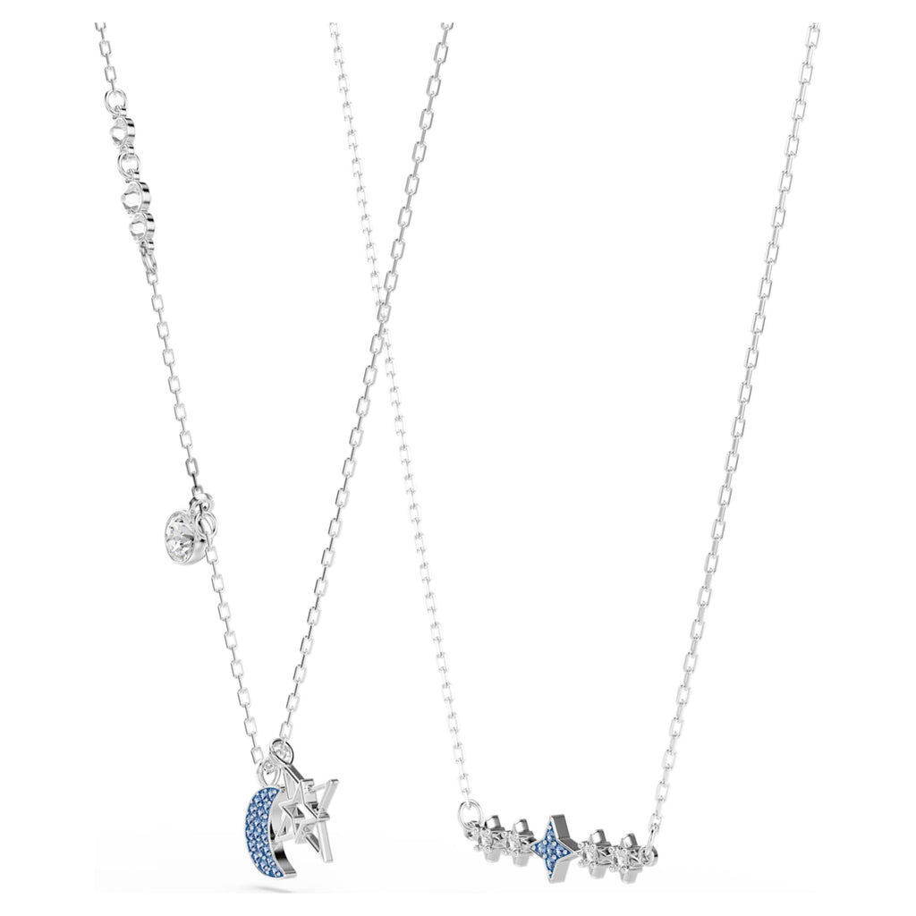 Swarovski Symbolica necklace featuring a moon motif with blue round-cut accents and rhodium plating