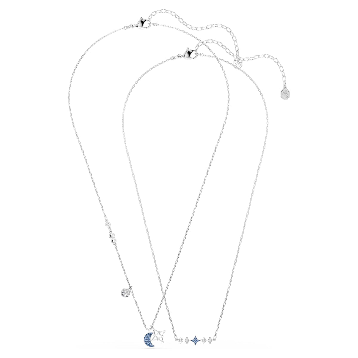 Swarovski Symbolica necklace featuring a moon motif with blue round-cut accents and rhodium plating