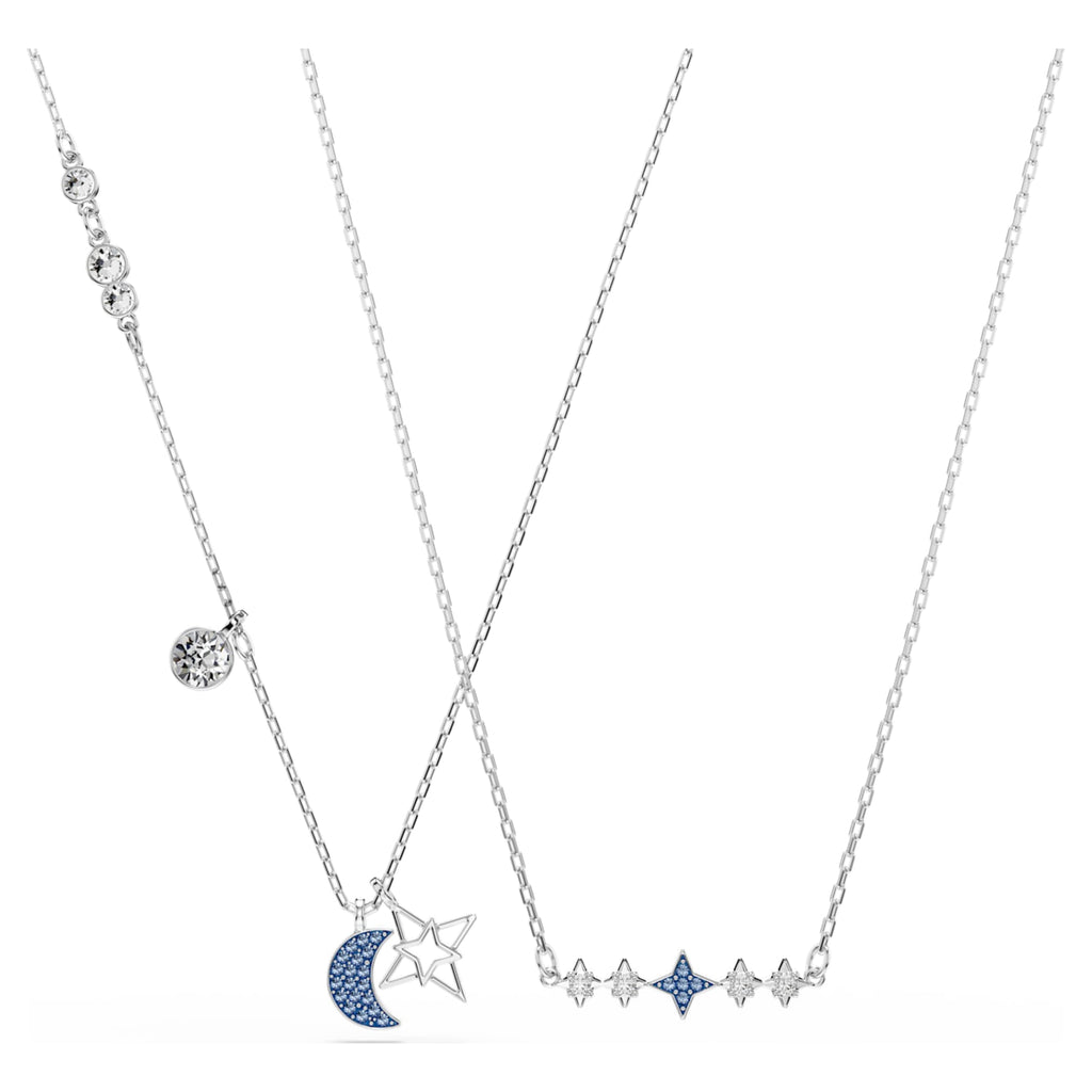 Swarovski Symbolica necklace featuring a moon motif with blue round-cut accents and rhodium plating