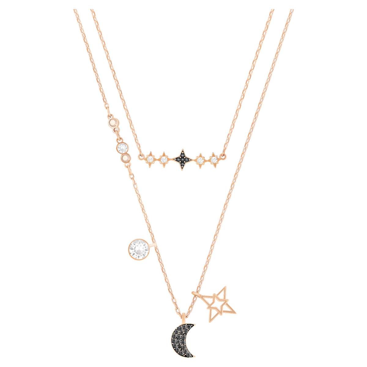 Swarovski Symbolica necklace featuring a moon motif with blue round-cut accents and rhodium plating