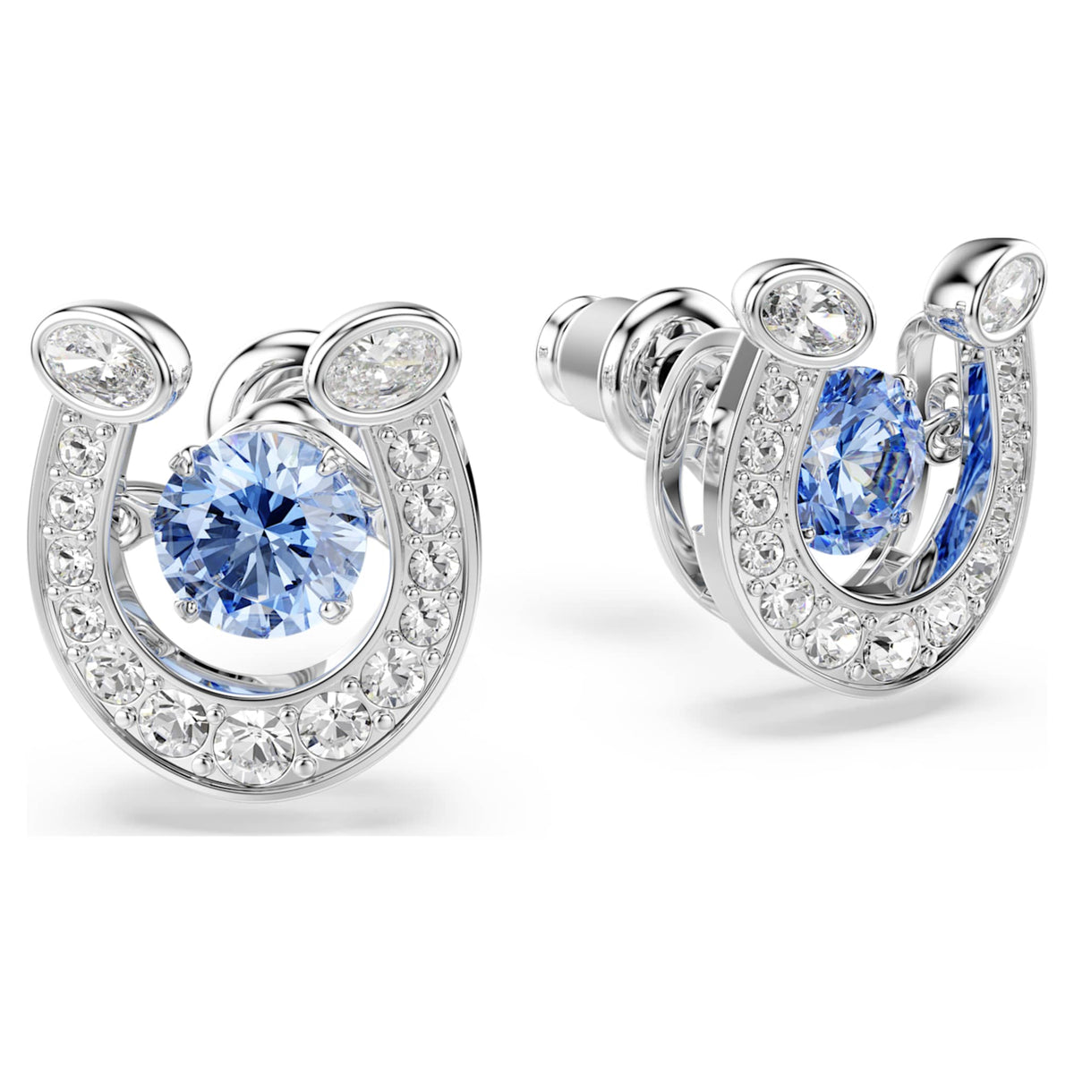 Swarovski Symbolica stud earrings featuring a horse shoe motif with blue round-cut accents and rhodium plating