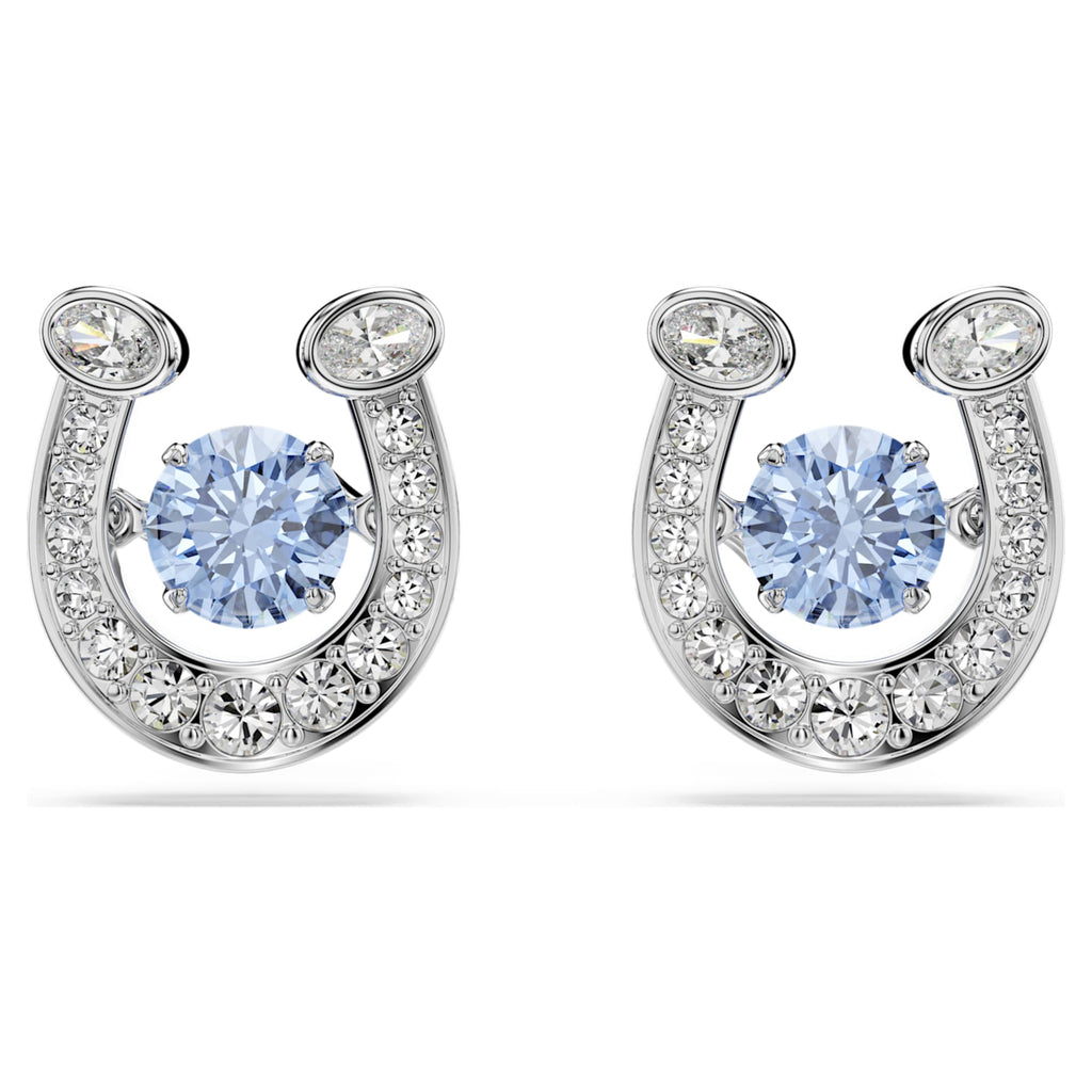 Swarovski Symbolica stud earrings featuring a horse shoe motif with blue round-cut accents and rhodium plating
