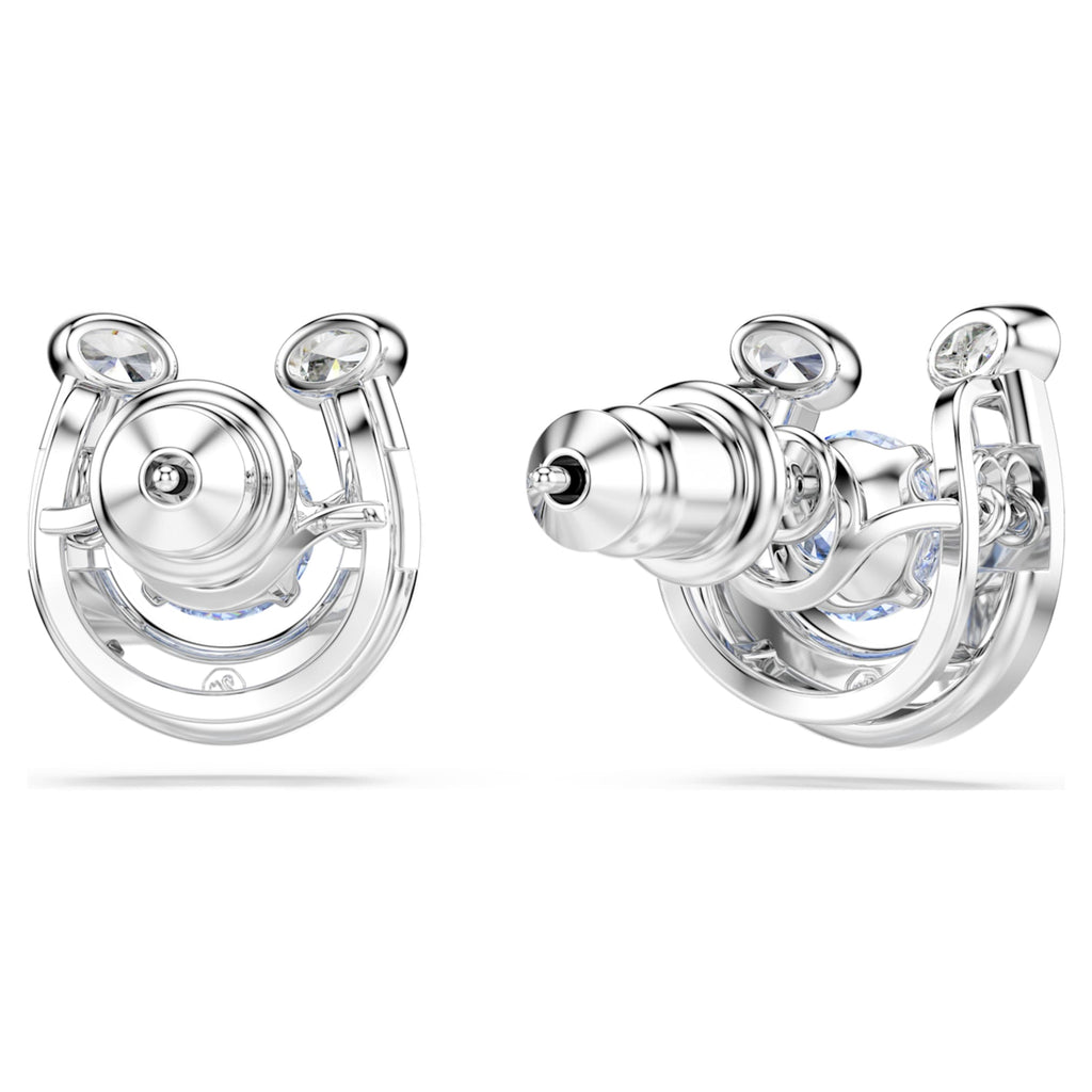 Swarovski Symbolica stud earrings featuring a horse shoe motif with blue round-cut accents and rhodium plating