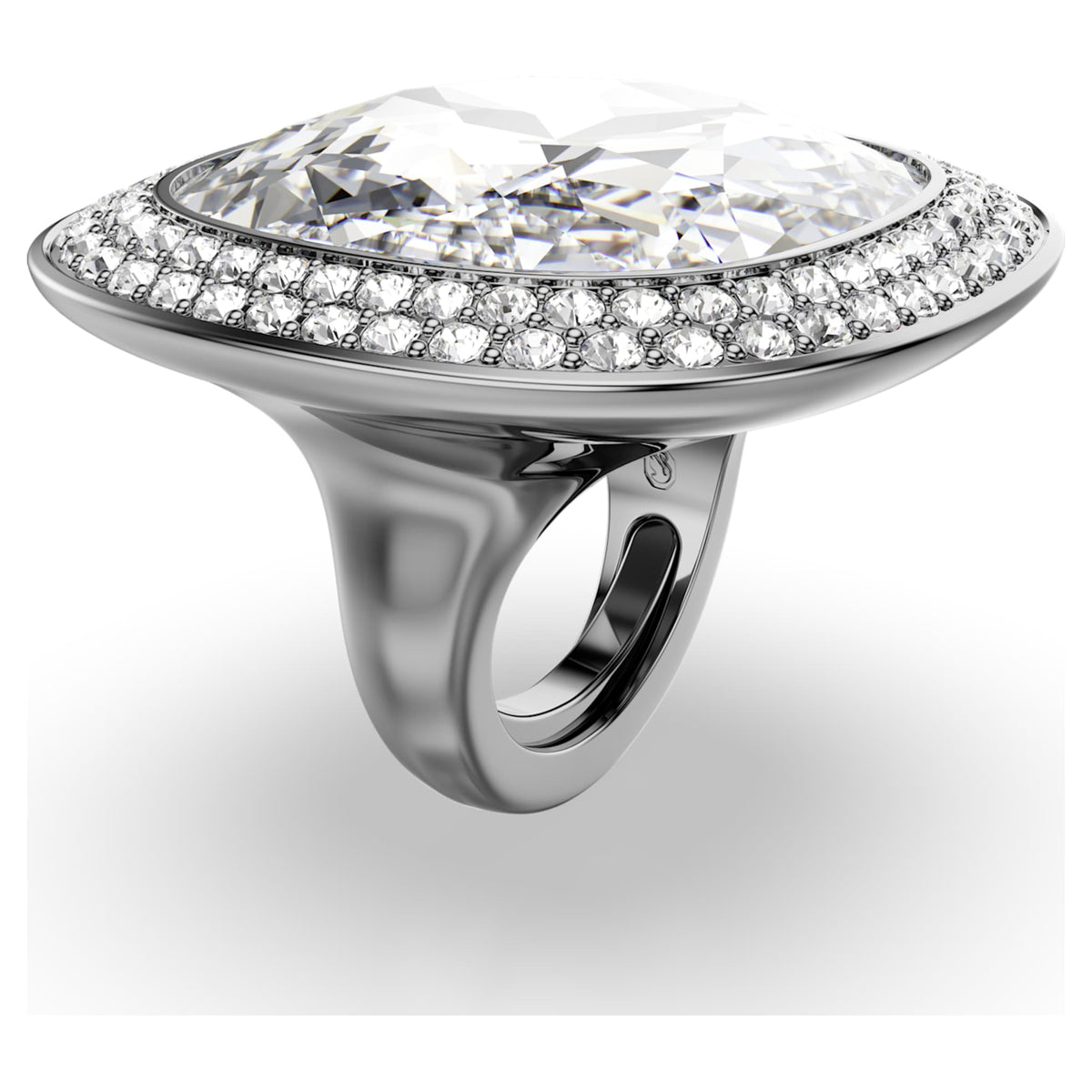 Swarovski Una Angelic cocktail ring with white cushion-cut accents and ruthenium plating