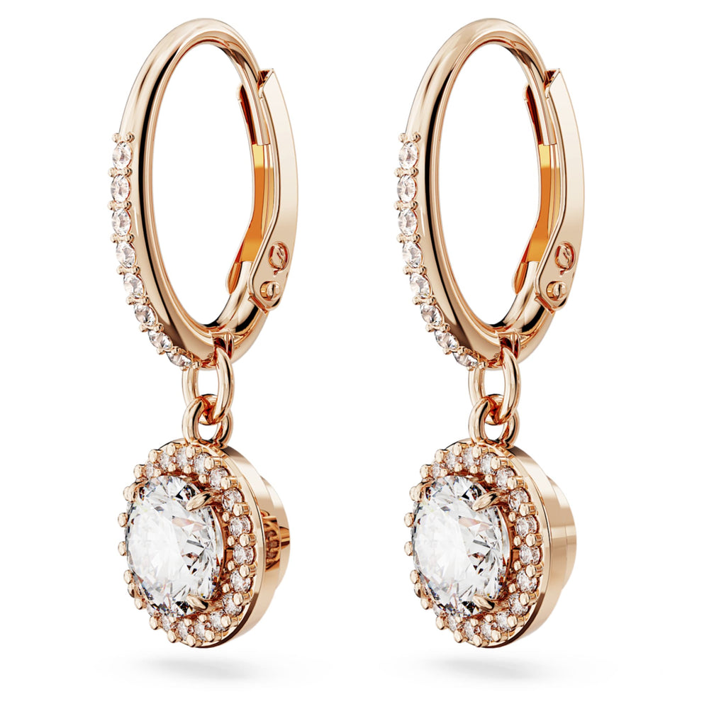 Swarovski Una Angelic drop earrings with white round-cut accents and an 18K rose gold finish
