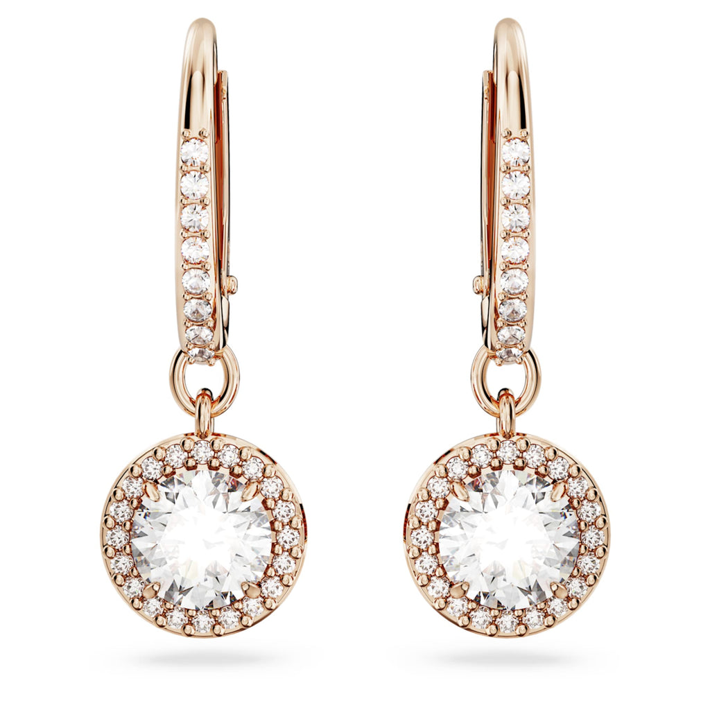 Swarovski Una Angelic drop earrings with white round-cut accents and an 18K rose gold finish