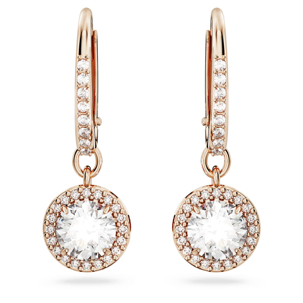Swarovski Una Angelic drop earrings with white round-cut accents and an 18K rose gold finish