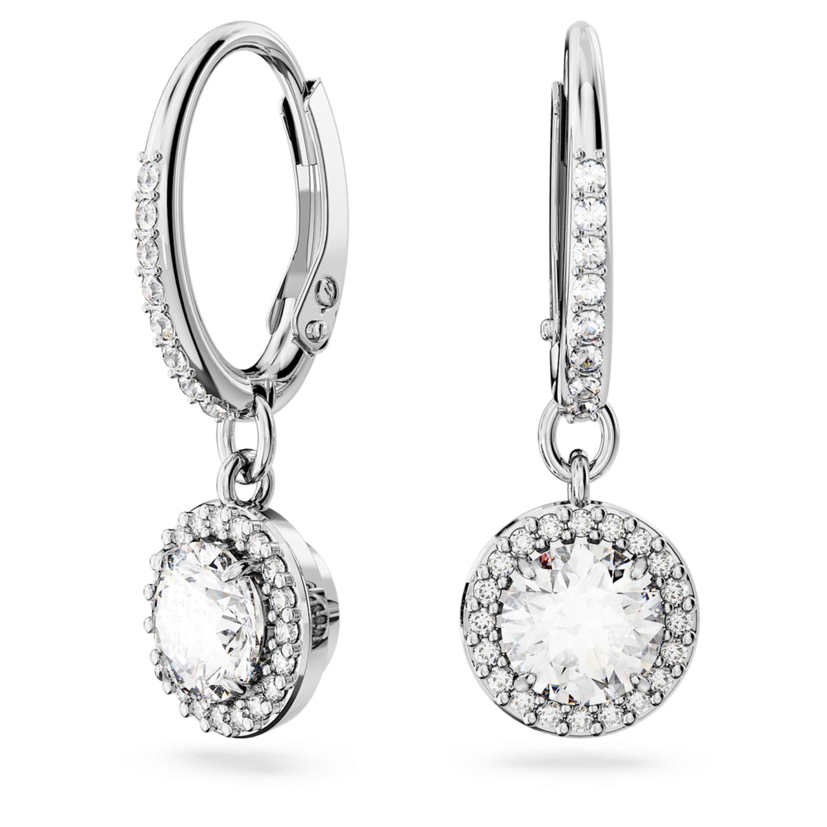 Swarovski Una Angelic drop earrings with white round-cut accents and rhodium plating