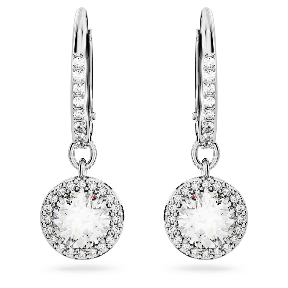 Swarovski Una Angelic drop earrings with white round-cut accents and rhodium plating