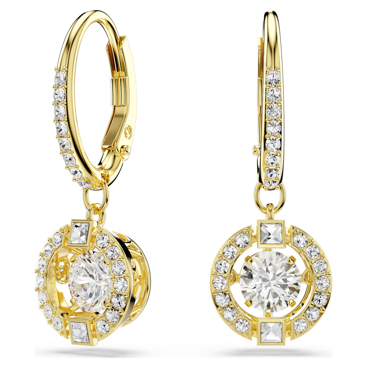 Swarovski Una Angelic drop earrings with white round-cut accents and an 18K gold finish