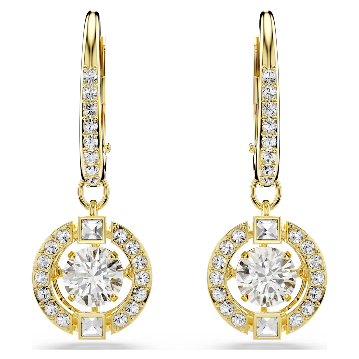 Swarovski Una Angelic drop earrings with white round-cut accents and an 18K gold finish