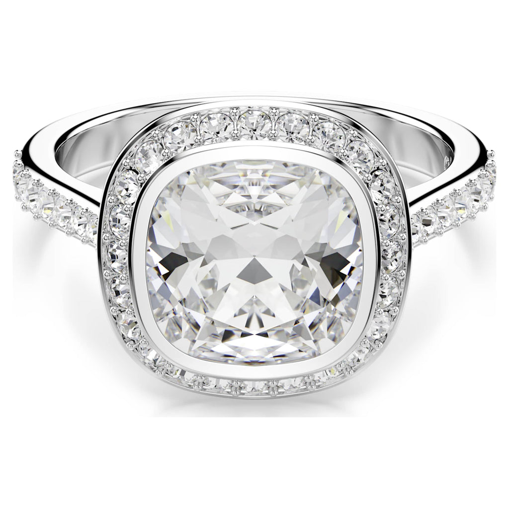 Swarovski Una Angelic halo ring with white cushion-cut accents and rhodium plating