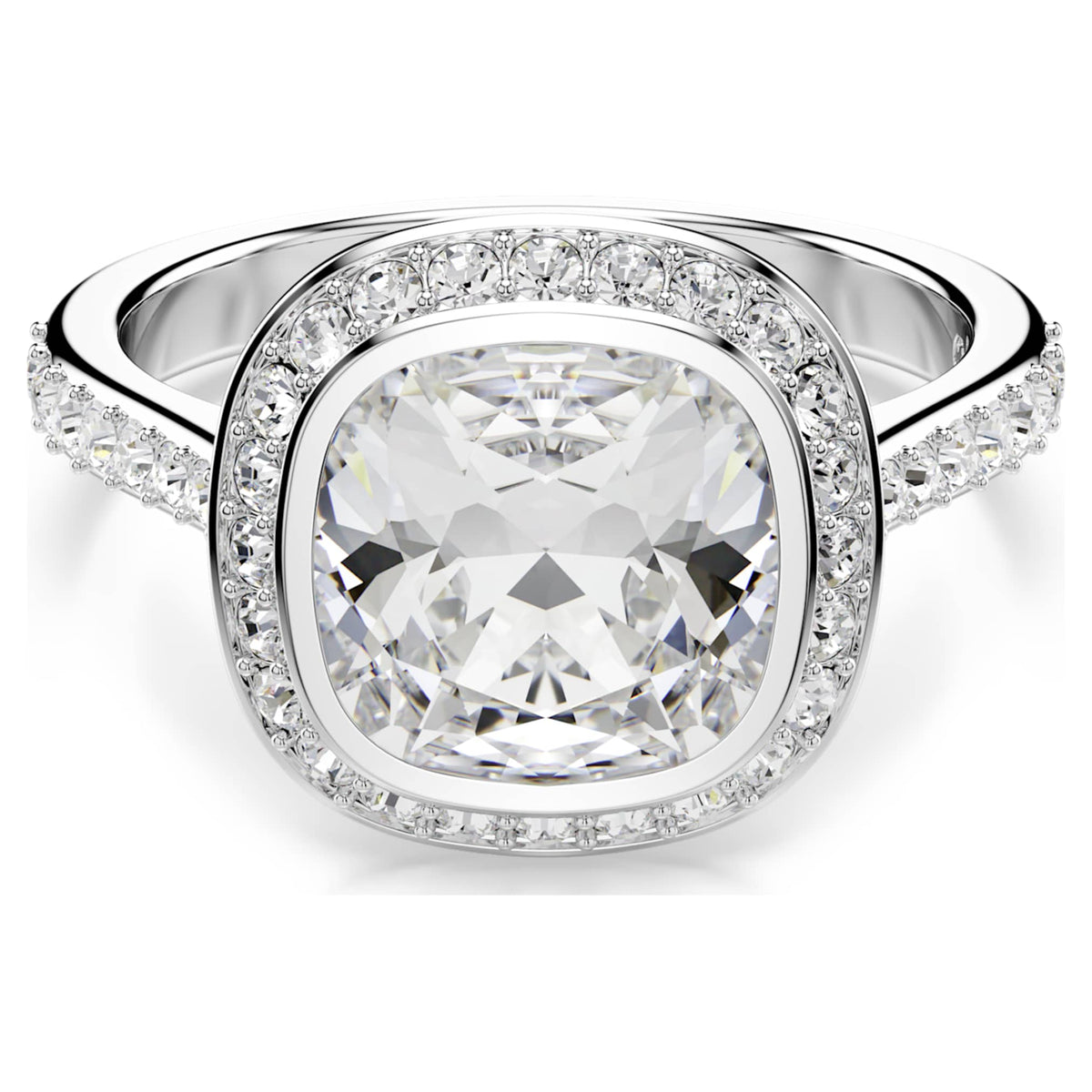 Swarovski Una Angelic halo ring with white cushion-cut accents and rhodium plating