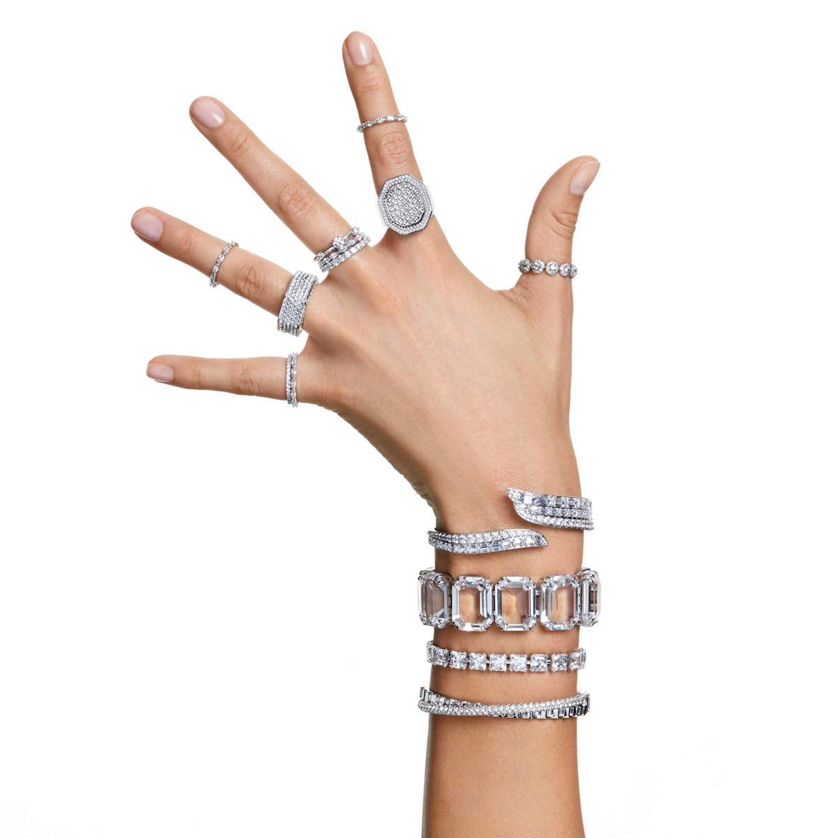 Swarovski Una Angelic ring with white round-cut accents and rhodium plating